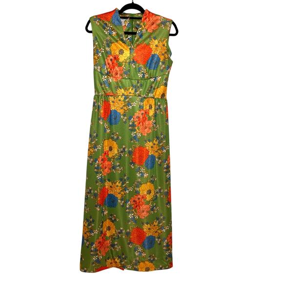 Vintage Leslie Fay Green Floral Sleeveless V-Neck Long Maxi Dress - Picture 1 of 12